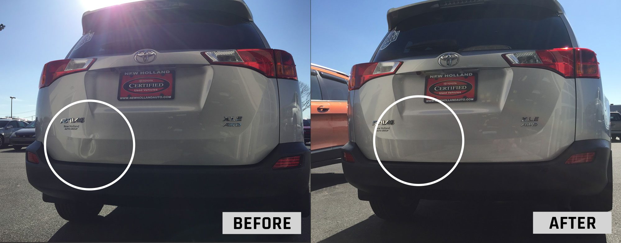 Toyota Rav 4 rear bumper dent before and after PDR.