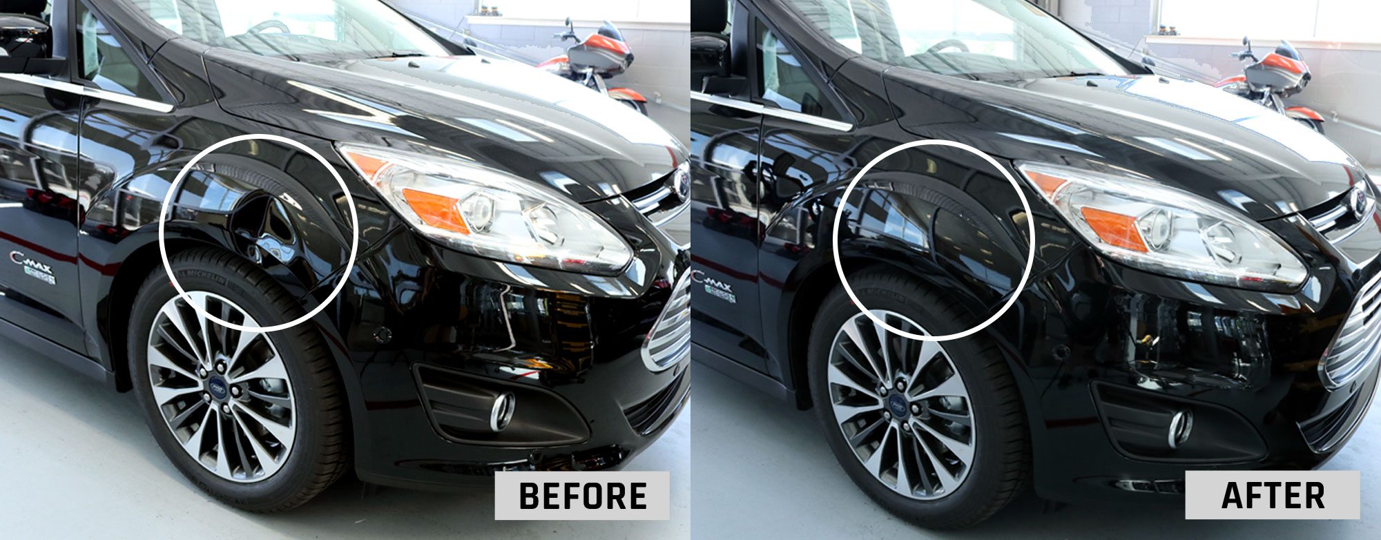 Black Ford CMax fender dent before and after PDR.