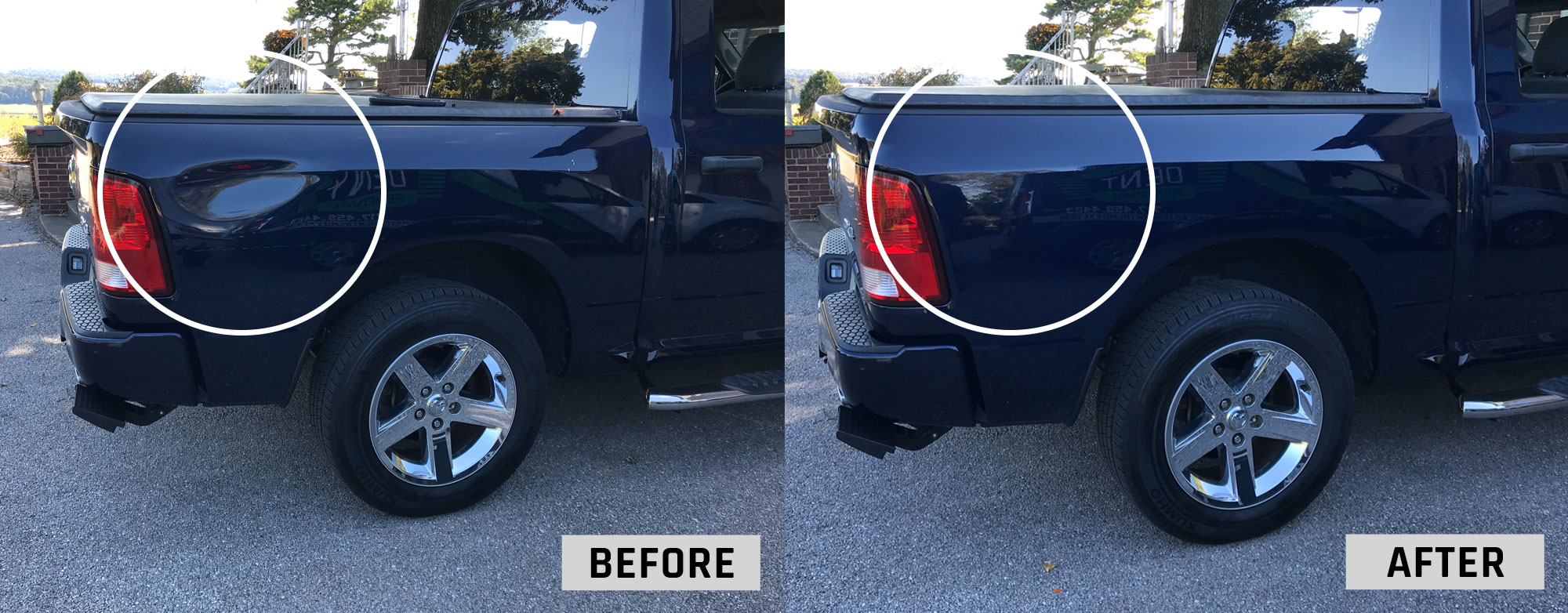 A before and after comparison of a Dodge Ram panel that had a dent in it.